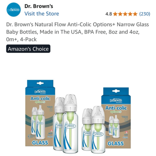 Dr. Brown's Natural Flow Anti-Colic Options+ Narrow Glass Baby Bottles, Made in The USA, BPA Free, 8oz and 4oz, 0m+, 4-Pack