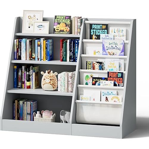 Gray 4 Tier Kids Wooden Bookshelf,Five Layer Sling Toddler Front Facing Bookcase,Baby Kids Storage Book Rack,Book and Toy Organizer Cabinet,Child Book Display Playroom Nursery Bedroom