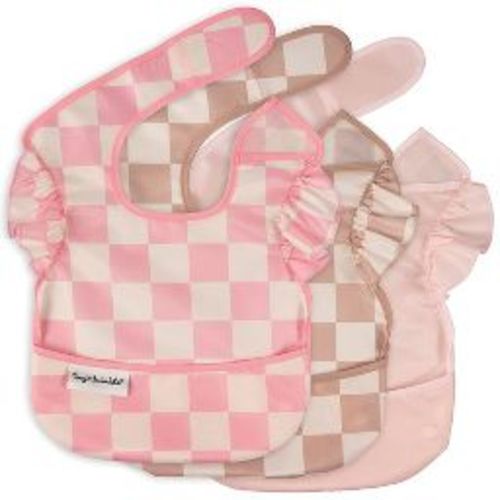Tiny Twinkle Mess-Proof and Waterproof Baby Food Bib for Boys or Girls, Machine Washable and BPA-Free w/Adjustable Closure (3-Pack, Checkers Girl)