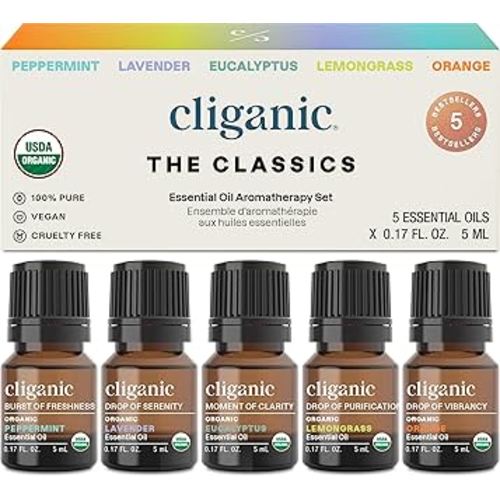 Cliganic Organic Essential Oils Set (Top 5 - The Classics) - 100% Pure Natural - Aromatherapy, Candle Making - Peppermint, Lavender, Eucalyptus, Lemongrass & Orange (Packaging May Vary)
