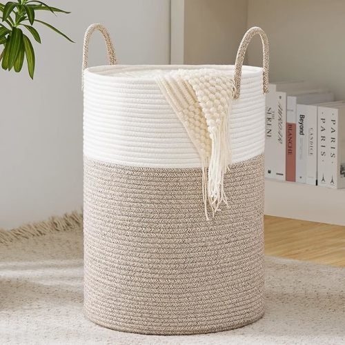 YOUDENOVA Woven Rope Laundry Hamper Basket, 58L Tall Laundry Basket, Baby Nursery Hamper for Blanket Storage, Clothes Hamper for Laundry in Bedroom-Large-Brown - White&Brown - Tall (58L ) (15"x15"x20")