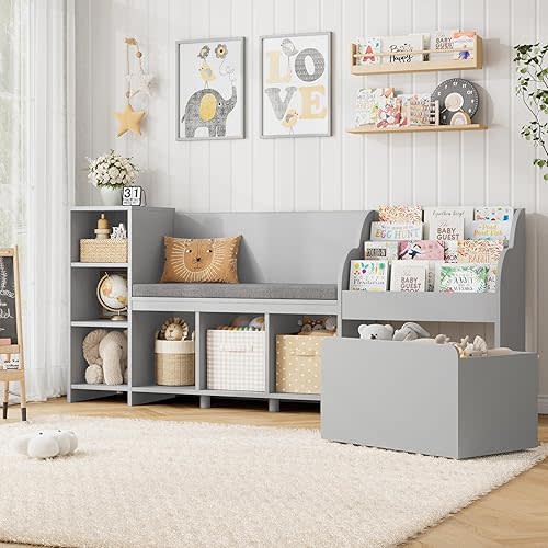 HOSTACK 67" Kids Reading Nook with Bench, Kids Bookshelf and Bookcase with Seat Cushion and 6 Storage Cubbies, Toy Storage Box on Wheels, Toy Chest for Playroom, Bedroom, School, Grey