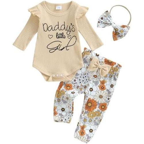 Karwuiio Newborn Baby Girl Clothes Ruffled Long Sleeve Romper Print Pants Headband Set 3pcs Fall Winter Outfits