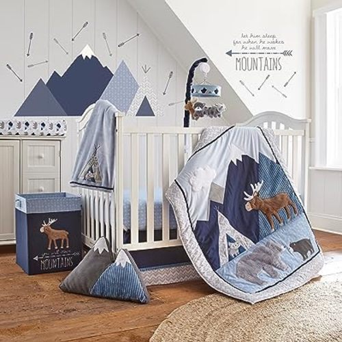 Levtex Baby - Trail Mix Crib Bed Set - Baby Nursery Set - Grey, Navy, White and Blue - Bear Mountains - 4 Piece Set Includes Quilt, Fitted Sheet, Wall Decal & Skirt/Dust Ruffle