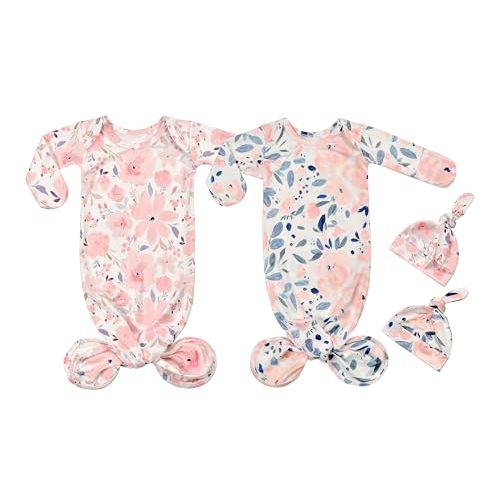 Vollmic Newborn Baby Cotton Sleeper Knotted Gown with Mittens Long Sleeve Nightgown Coming Home Outfit with Hat 2 Pieces