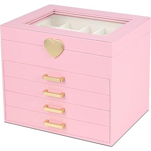 Kendal Jewelry Box, 5-Layer Jewelry Organizer Box with Glass Lid, Pink, Heart Shaped PU Leather, Storage Box for Necklace Earrings Rings Bracelets, Gift Idea for Girls LJC4DRPK