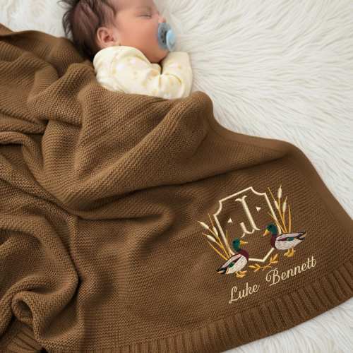 Embroidered Monogrammed Baby Blanket, Custom Mallard Ducks Crest Quilt Blanket, Baby Shower Gift for Boy, Duckling Baby Christmas Gift