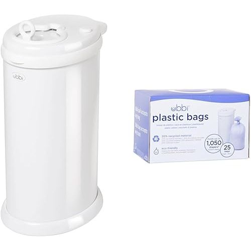 Ubbi Steel Odor Locking & Disposable Diaper Pail Plastic Bags, Single Pack, 25 Count, 13-Gallon Bags
