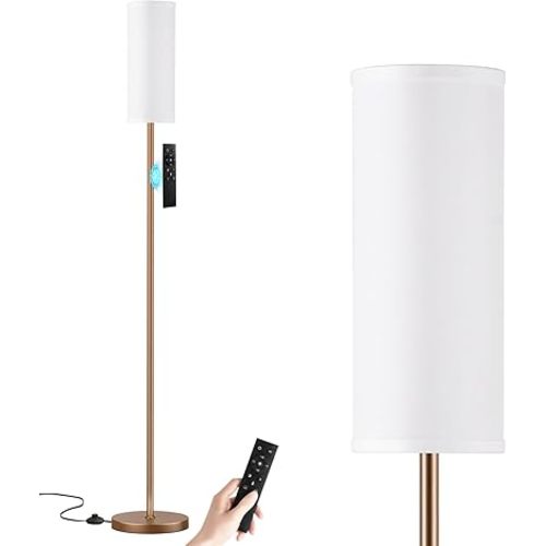 Ambimall 64'' Floor Lamps for Living Room with Remote Control and Stepless Dimmable Colors Temperature & Brightness, 9W Bulb Included(White Lampshade & Brown Pole)