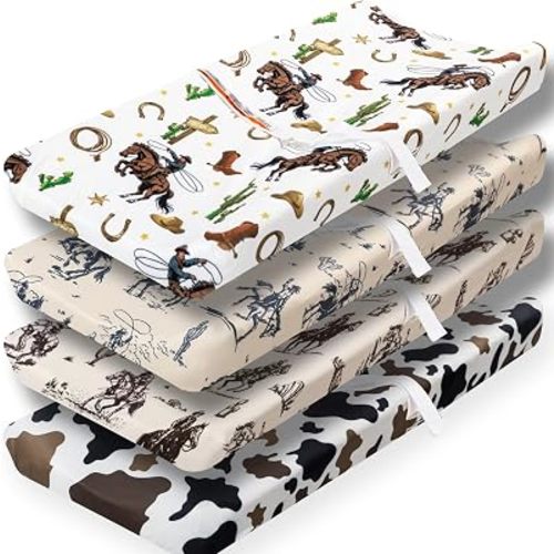 4 Pack Western Cowboy Crib Baby Sheets Western Neutral Breathable Fitted Baby Sheet Cowboy Nursery Sheets for Baby Boys or Girls (Changing Pad Cover)