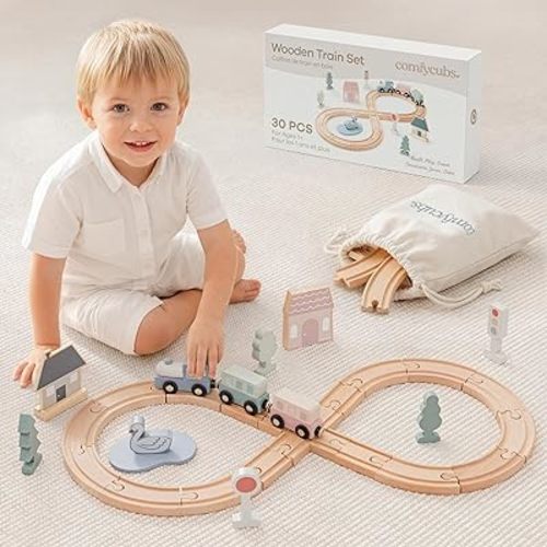 Comfy Cubs 30-Piece Wooden Train Set for Toddlers Ages 1+, Fun & Eco Friendly Toddler Train Set with Wooden Toy Tracks - Creative Toy Town Promoting Imaginative Play with Flexible Configuration
