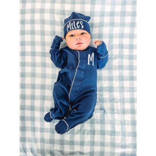 Baby boy coming home outfit, navy monogrammed footie and hat, sk creations, pima cotton