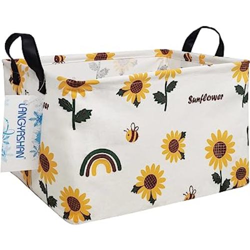 LANGYASHAN Rectangular Storage Bin Collapse Canvas Fabric Cartoon Storage Basket with Handles for Organizing Home Kitchen Boys and Girls Toys Office Closet Shelf Baskets(Rec Sunflower)