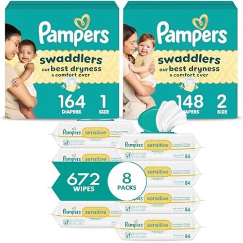 Pampers Baby Diapers and Wipes Starter Kit, Swaddlers Disposable Baby Diapers Sizes 1 (164 Count) & 2 (148 Count) with Sensitive Water Based Baby Wipes 8X Pack Pop-Top (672 Count)