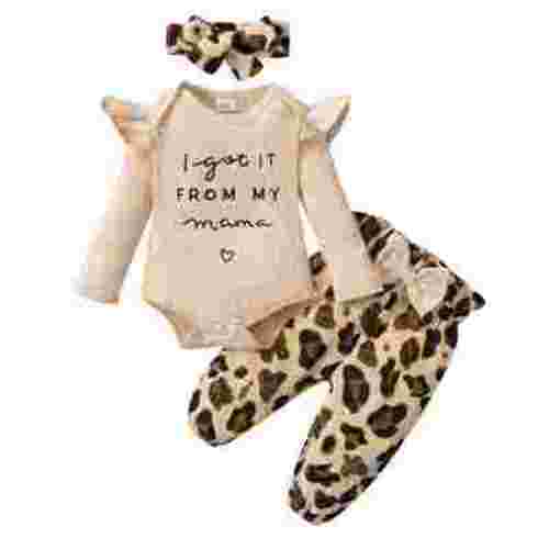 Kucnuzki Newborn Baby Girls Outfit Sets Ruffle Long Sleeves Romper Tops Bowknot Leopard Pants with Headband 3pcs Baby Girls Pant Sets Fall Apricot 3-6 Months