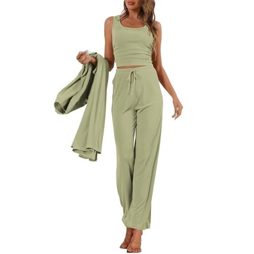 Mushan Women's 3 Piece Lounge Set Open Front Cardigan Pajamas Set