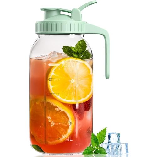 64oz Glass Mason Jar Pitcher with Lid and Spout, 2 Quart Airtight Glass Water Jug, Leakproof Wide Mouth Mason Jar Pitcher for Iced Sun Tea, Milk Storage, Cold Brew Coffee, Juice, Green