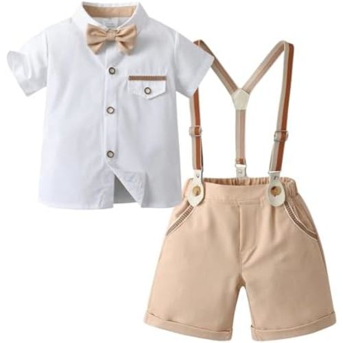 Boarnseorl Baby Boys Gentleman Outfits Shorts Sets,Infant Shirt + Shorts + Bow Tie + Suspenders