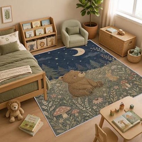 Bear Nursery Rug 5x7, Washable Kids Room Rug with Moon Meadow Forest Animal Design, Soft Low Pile Non Slip Area Rug for Baby Room Playroom Bedroom Decor