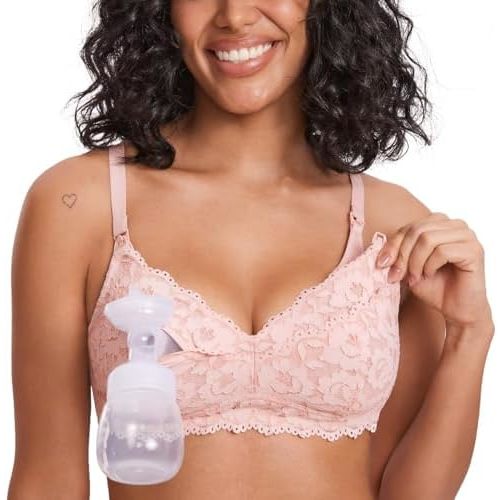 MOMANDA Women's Pumping Bra Hands Free Lace Nursing Bras for Maternity Breast Breastfeeding Cute Support