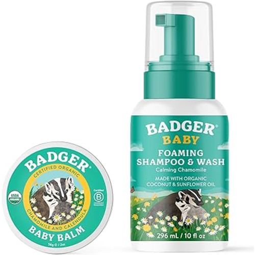 Badger Baby Balm and Baby Wash Bundle - Baby Balm w Chamomile and Calendula, Baby Wash Calming Chamomile - All Organic and Concentrated Baby Lotion