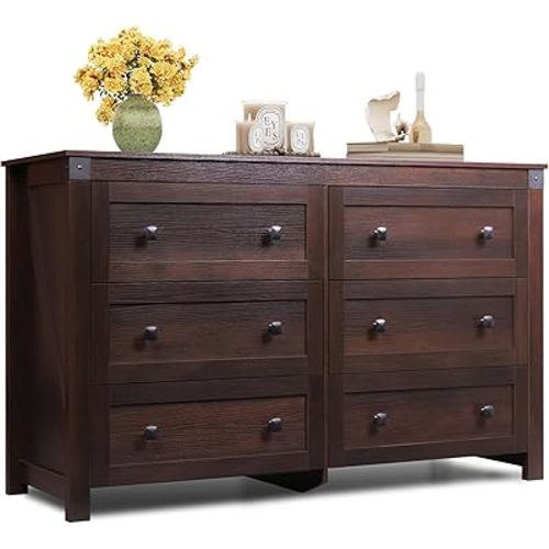 WLIVE Farmhouse 6 Drawer Dresser for Bedroom, 53.07'' Wide Wood Dresser, Storage Organizer with Double Rustic Handle, TV Stand for 60 inch TV, Chest of Drawers for Living Room, Hallway, Brown
