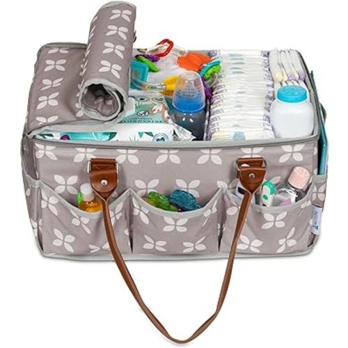 Moteph Diaper Caddy Organizer - Baby Caddy with Lid, Car Diaper Caddy, Large Nursery Storage Diaper Tote Basket for Changing Table with Zip-Top Cover, Great for Baby Showers - Tan