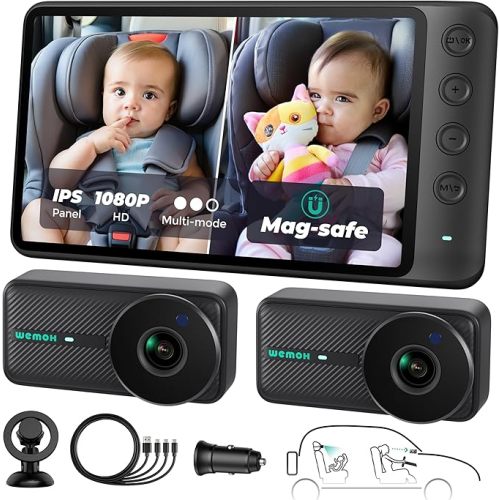 Magnetic Dual Baby Car Camera for Two Kids, 1080P IPS Display with Magnetic Mount, 3 Modes(Zoom/Mirror/Split), Automatic Night Vision, USB-Powered Car Camera for Baby Rear Facing (2 Cams)