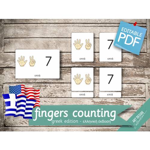 FINGERS COUNTING GREEK Edition • 39 Greek and 39 English Editable Montessori Cards • Flash Cards  Nomenclature Cards Pdf Printable preschool
