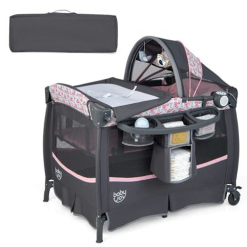 Demifill 3-in-1 Portable Baby Playard with Storage Rack and Carry Bag, Multi-Functional Baby Playard with 2 Rolling Wheels, Portable Baby Bassinet for Indoor, Pnik