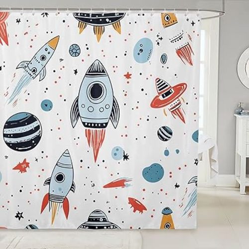 Feelyou Kids Space Rocket Shower Curtain Set - Boys Universe Planet Bathroom Adventure Bath Curtain - Space Ship Design - Waterproof Room Decor - 72"x72"