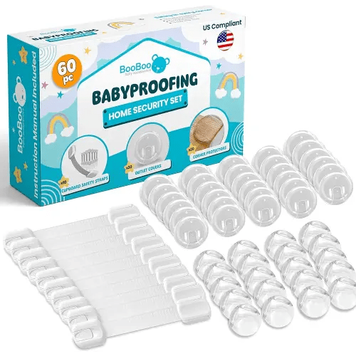 Booboo (60 Pack) Child Safety Baby Proofing Kit | x10 Cabinet Drawer Locks, x20 Corner Guards, x30 Outlet Covers | Baby Proof Your Home & Kitchen with No Trapped Fingers | No Tools Needed