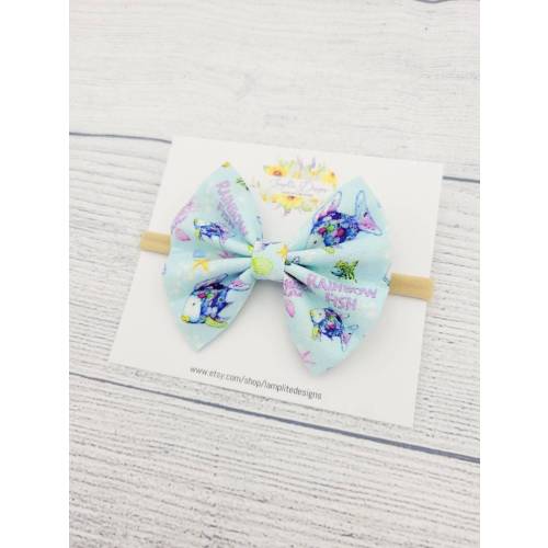 Rainbow Fish Fabric Hair bow - hand tied bow - baby girl gift - baby headband - read across America week - storybook hair bow - baby shower