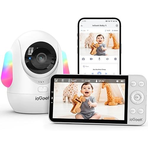 ieGeek 4MP Moniteur Bébé,RGB Night Light,5.5" Wireless IPS Screen,2.4G/5G WiFi 4000mah Smart Baby Camera,355°Auto Tracking,Cry/Face Cover Detection,Feeding Reminder,2 Way Audio,Lullabies