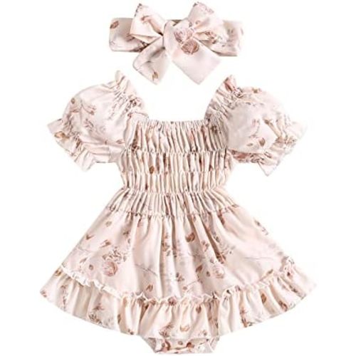 FYBITBO Newborn Baby Girl Romper Dress Floral Short Sleeve Ruched Jumpsuit Ruffle Bodysuit Headband Infant Summer Outfits