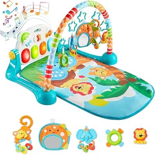 SYNCFUN Baby Play Mat, Tummy Time Mat Toys, Baby Musical Learning Toys 0-6 Months, Adorable Animal-Themed Play Gym with Piano Panel, Newborn Gifts for 0-3 6 9 12 Months