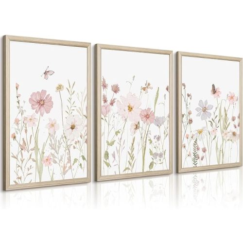 Wildflower Nursery Wall Art Pink Watercolor Floral Painting Baby Girl Nursery Canvas Wall Decor Vintage Botanical Flower Picture Boho Wildflower Prints for Bedroom 12x16x3 Inch Framed