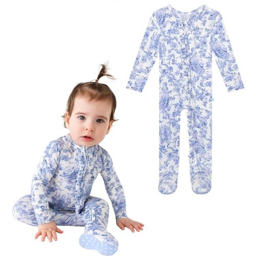 3-6 Months Posh Peanut Footie Pajamas for Baby Girls – Sleepers in Ultra-Soft Viscose from Bamboo with 2-Way Zipper & Ruffle Trim