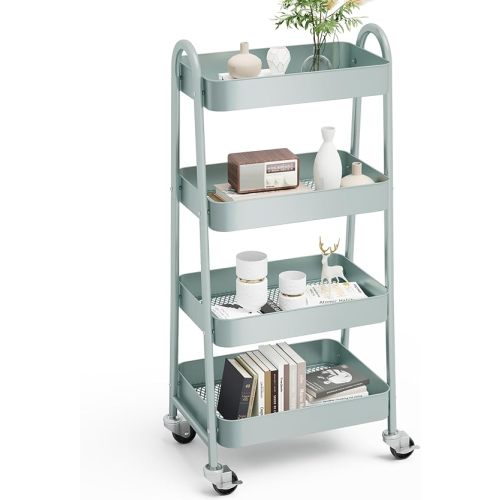 OLIXIS 4 Tier Utility Rolling Cart, Metal Mobile Storage Shelf with Lockable Caster Wheels, Organization for Livingroom, Bathroom, Kitchen, & Narrow Places, 4-Tier Green
