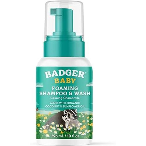 Badger Baby Wash, Calming Chamomile Foaming Baby Shampoo and Body Wash, Organic Baby Body Wash, Gentle Newborn or Toddler Baby Soap and Shampoo, 10 fl oz