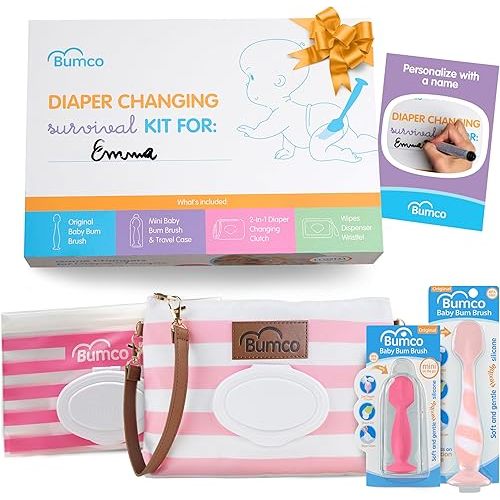 Baby Essentials Set - Personalized Diaper-Changing Baby Shower Gifts for Girls, Baby Gift Set with 2 Baby Bum Brushes (Original & Mini) + Diaper Clutch Bag + Wipes Wristlet, Newborn Gift Set