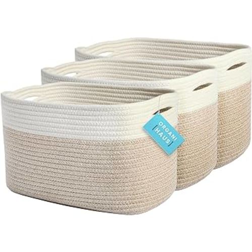 OrganiHaus Set of 3 Rope Baskets for Organizing | Cotton Rope Basket for Decor | Shoe Basket Organizer | Decorative Storage Baskets & Bins | Cute Storage Basket for Toys | Soft Baskets - Light Honey