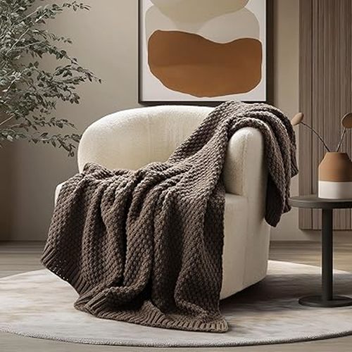 EVERGRACEHOME Chunky Chenille Knit Throw Blanket for Couch, Soft Luxurious Moss Stitch Blankets for Bed, Cozy Decorative Farmhouse Knitted Throws for Sofa, Cocoa Brown, 50" x 60"