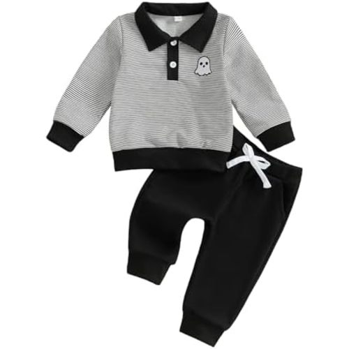 Toddler Baby Boy Halloween Outfit Waffle Ghost Embroidery Striped Long Sleeve Tops with Pants 2 Pcs Set 1-4T