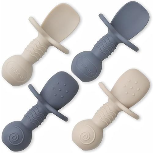 Ginbear Platinum Silicone Baby Spoons Self Feeding 6 Months First Stage, Non Toxic Infants Led Weaning Utensils for Training, BLW Supplies Pack of 4 (Cool Gray/Ivory)
