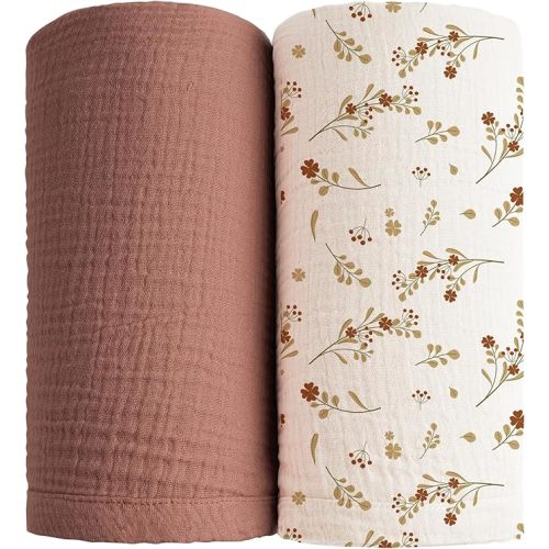Konssy Muslin Swaddle Blankets for Boys Girls, 2 Pack Receiving Baby Blanket Large 47 x 47 inches, Soft Breathable Swaddling Wrap for Unisex Newborn (Chestnut, Posy)
