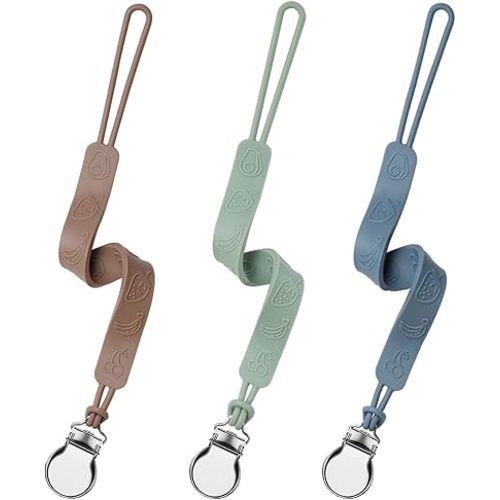 Silicone Pacifier Clip, Seposeve Pack of 3 Baby Pacifier Teether Clip with 4 Texture, Soft Flexible Silicone Pacifier Leashes & Cases for Boy and Girl, Keeps Pacifier Clean, Green Brown Blue