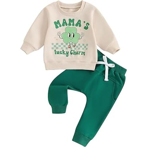 Infant Irish Outfits Baby Boy Shamrock Letter Print Sweatshirts and Long Pants 2Pcs St Patricks Day Newborn Clothes