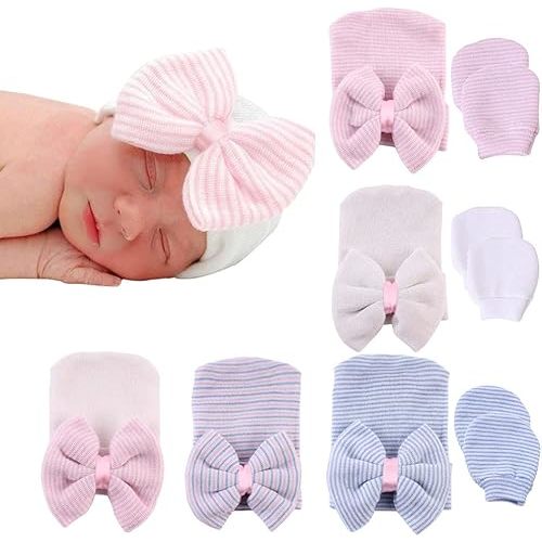 Baby Caps and Mittens Newborn Hospital Beanie Hats No Scratch Gloves Soft Babies Gift Set for Boys Girls