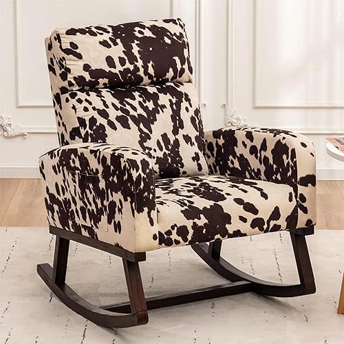 Rocking Chair Nursery, Nursing Rocker Armchair with High Backrest, Comfy Rocking Chair for Nursery, Living Room,Bedroom, Cow